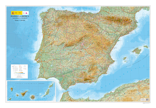 Mapa en relieve de la Península Ibérica, Baleares y Canarias (España) (Sólo disponible en tienda)