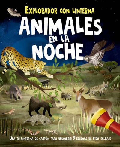 Animales en la noche. Explorador con linterna